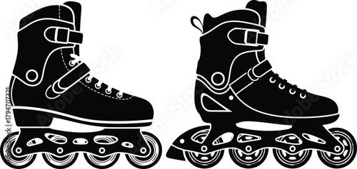 Black inline skates with white outlines on white background, inline skates, roller skates, rollerblades, black, white, outline, sport, recreation, footwear, wheels, laces, buckles, side view, pair, is