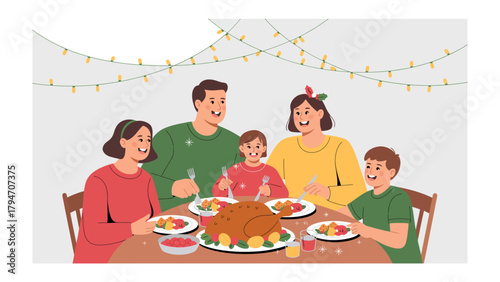 Family Feast: A cheerful family gathers around a festive dining table, enjoying a delicious meal together, creating a warm atmosphere filled with love and togetherness.