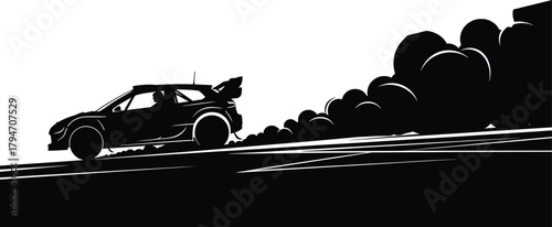 Black rally car drifting with smoke on white background, rally car, car, drifting, smoke, dust, motion, speed, racing, competition, sports, vehicle, driver, silhouette, black and white, graphic, illus