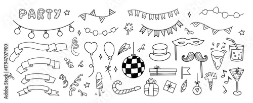 Party Celebration Doodle Set. Outline Festive tinsel, garland, drink, Cocktail, carnival Mustache, mask, ribbon banner, Disco Ball, Firecracker and gift. Isolated Vector hand drawings on white. Not AI