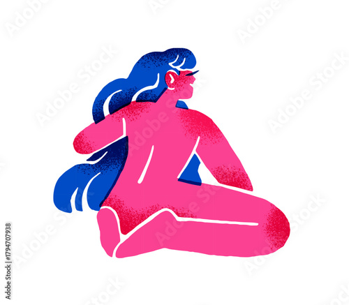 Abstract naked girl with long hair sits back view. Behind of cute young woman with nude body. Self love, acceptance and harmony. Flat isolated hand drawn vector illustration on white background