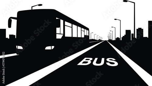 Black silhouette of a bus on a road with city skyline, bus, transportation, road, street, city, urban, silhouette, black and white, graphic, design, travel, public transport, highway, cityscape, build
