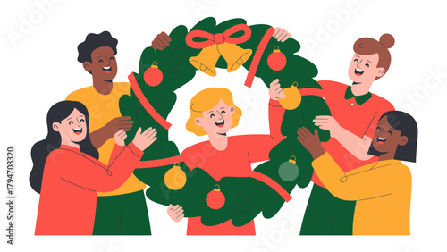 Festive Wreath Assembly: A collaborative group of friends and family joyfully decorate and hold a Christmas wreath, embodying the festive spirit of togetherness. 