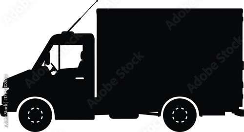 Black silhouette of a delivery van with driver truck, van, delivery van, truck, silhouette, black, white background, vehicle, transportation, logistics, shipping, cargo, driver, driving, wheel, antenn