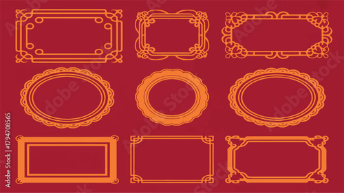 Set of nine elegant golden frames on a red background, perfect for adding a touch of sophistication to your designs