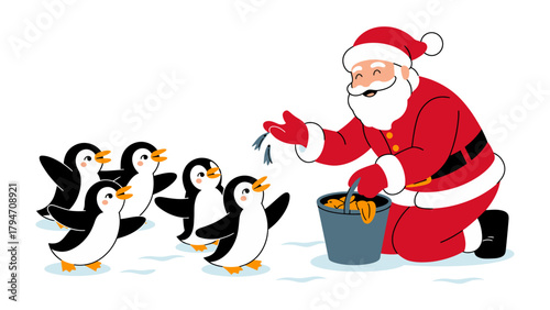Santa's Penguin Gift: Santa, full of festive cheer, bestows gifts upon a group of playful penguins on a snowy terrain. Witnessing the heartwarming scene of shared joy.