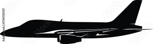 Black silhouette of a modern jet airplane aircraft, airplane, jet, aircraft, silhouette, black, white, aviation, transport, travel, wing, engine, fuselage, tail, cockpit, flight, speed, modern, graphi