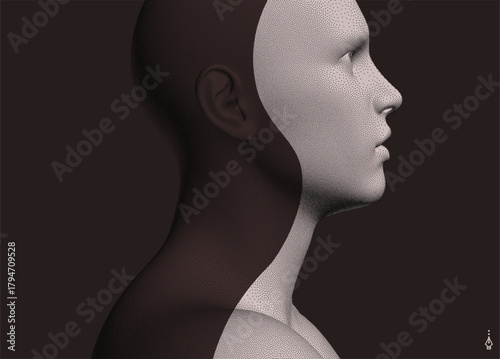 Human head in profile. Facial recognition. Color mask effect. Concept of technology, anonymity, social distancing. Cybersecurity. 3D vector  for cover, card, interior design, etc.