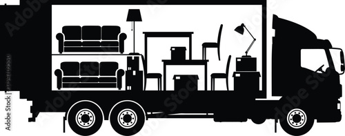 Black silhouette of a moving truck filled with furniture and boxes, moving truck, truck, silhouette, black and white, furniture, boxes, sofa, couch, table, chairs, lamp, desk lamp, moving, transport, 
