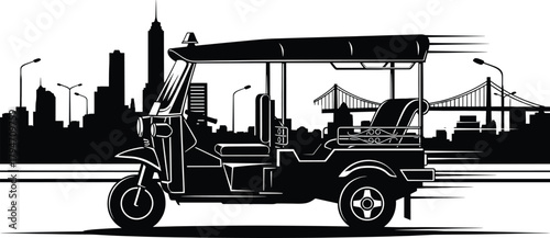 Black silhouette of a moving tuk against a city skyline, tuk, thailand, transportation, vehicle, city, skyline, silhouette, black and white, urban, travel, asia, traffic, street, motion, speed, transp