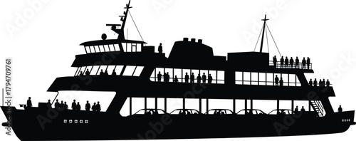 Black silhouette of a multi-deck ferry carrying cars and passengers, ferry, boat, ship, transportation, vehicle, car, passenger, people, silhouette, black and white, watercraft, maritime, travel, jour
