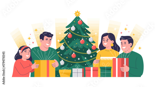 Holiday Gifts and Cheer: Family comes together with joy, exchanging presents around the beautifully decorated Christmas tree, in a warm celebration of the season.