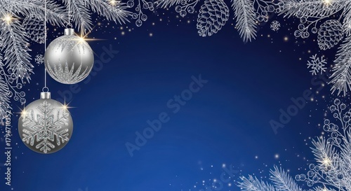 Elegant blue Christmas background with frosty pine branches, silver baubles, and sparkling lights.
