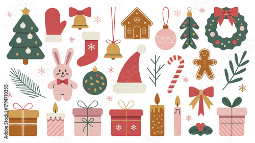 Festive Christmas collection Christmas tree, ornaments, gifts, bells, and holiday decorations for the season