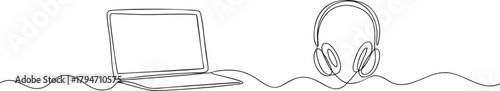Continuous one line drawing of earphone and laptop in minimalist line art style — Vector illustration