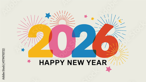 Happy New Year 2026 Colorful Flat Design Illustration with Fireworks and Celebration Wishes