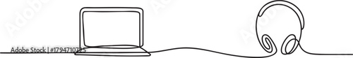 Continuous one line drawing of earphone and laptop in minimalist line art style — Vector illustration
