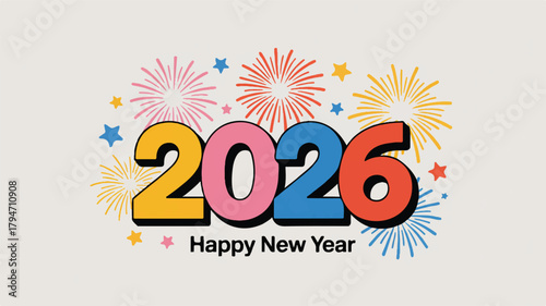 Cheerful flat design illustration celebrating New Year 2026 with colorful fireworks and stars for festive greetings