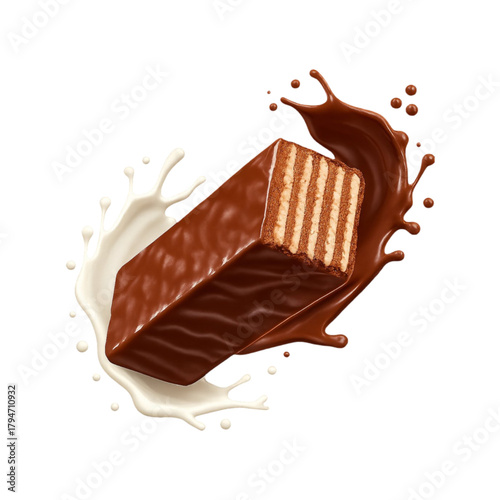 Wafer bar with chocolate and milk splash isolated on transparent background