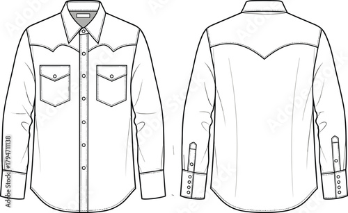 Western style long sleeve shirt technical flat sketch with detailed stitching, pockets, yoke design, cad drawing flat vector illustration, apparel template