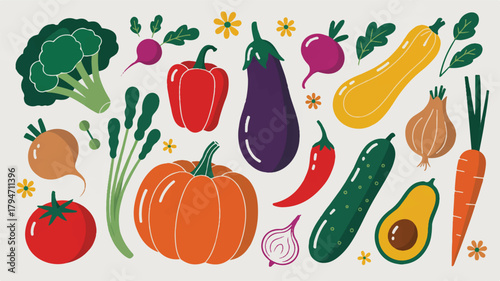 A vibrant flat-lay illustration featuring an array of fresh, healthy vegetables ideal for healthy eating