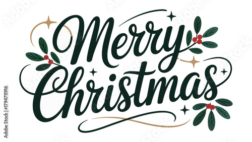 Merry Christmas: A festive illustration of the greeting Merry Christmas, adorned with elegant calligraphy and festive seasonal decorations. It captures the essence of holiday cheer and celebration.
