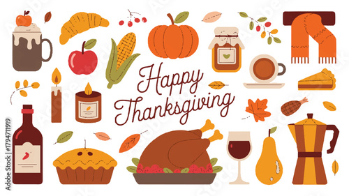 A Festive Flat Lay Illustration of Thanksgiving Symbols, Featuring Turkey, Pumpkin, and Autumnal Elements