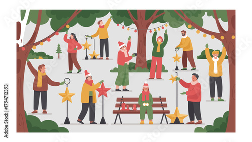 Winter Festival Preparations: A lively gathering of individuals joyfully adorn a park, transforming it into a festive winter wonderland with twinkling lights and charming decorations.