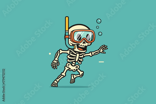 Funny Skeleton Wearing Snorkel Mask Swimming Underwater.