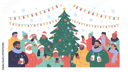 Gathering by the Christmas tree: A diverse crowd of people gathered around a vibrantly decorated Christmas tree in a scene of festive cheer and togetherness, surrounded by cheerful holiday lights.