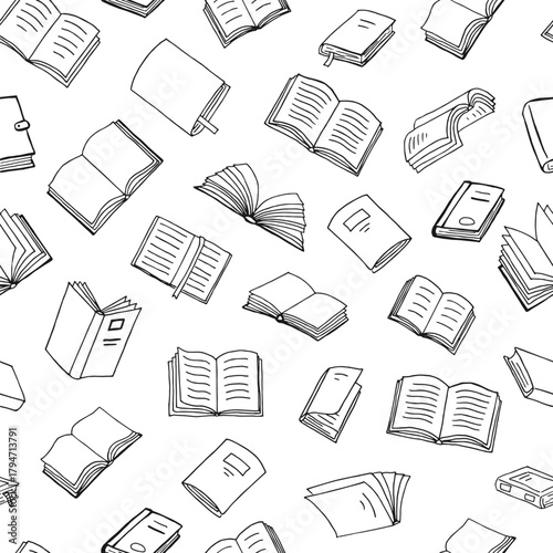Books outline sketch. Seamless pattern. Bookstore, library line symbols.