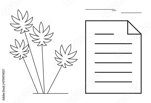 Cannabis plant with distinct leaves next to a document with writing lines. Ideal for cannabis industry, legalization, regulation, medical research, documentation, sustainability, education. Simple