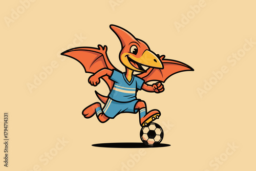 Cute Pterodactyl Dinosaur Playing Soccer Cartoon.