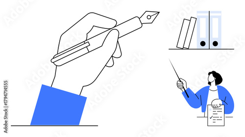 Hand gripping pen suggesting writing, instructor holding document while pointing with stick, and neatly arranged file binders in shelf. Ideal for education, organization, training, teaching