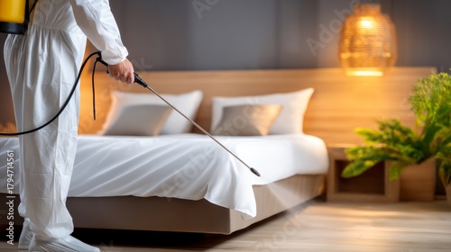 Exterminator wearing a hazmat suit spraying disinfectant in a bedroom for pest control and sanitation services