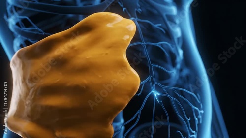 Visceral fat tissue wraps closely around abdominal organs, forming thick yellow mass that encases belly in medical anatomy display.