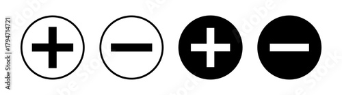Plus and minus icon set with outline and solid circle symbols on transparent background