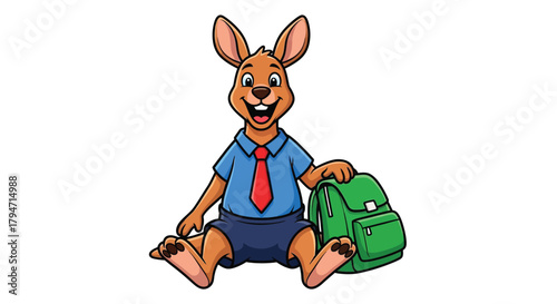 Happy cartoon kangaroo character wearing a school uniform, sitting cheerfully with a green backpack on a white background.