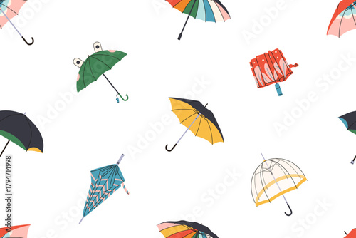 Repeatable pattern of foldable and straight umbrellas, child parasols. Endless background of brollies, canopies from rain. Autumn accessories from rainy weather. Flat seamless vector illustration