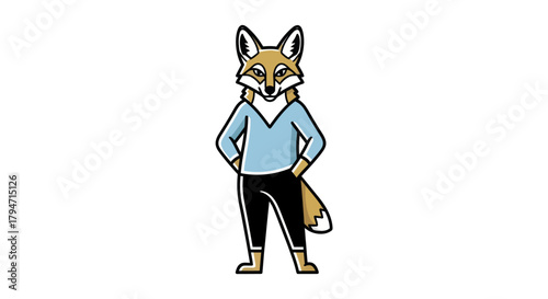 Cartoon fox character in casual attire and confident pose isolated