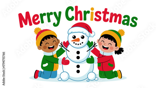 Joyful Christmas Greetings: Two children, filled with glee, lovingly embrace a charming snowman, all beneath the merry words of Christmas, spreading warmth and holiday cheer.
