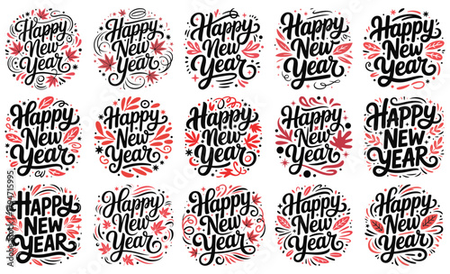 A collection of 15 circular graphic designs featuring the text 