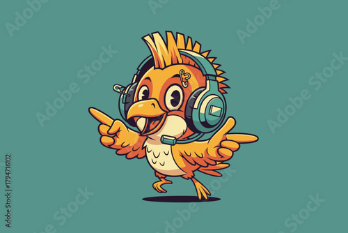 Cartoon Bird Character with Headphones and Mohawk.