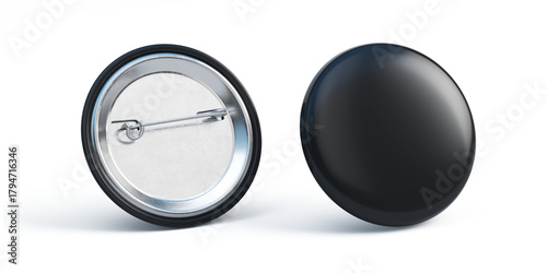 Black badge pin brooch mockup. White round badge on metal pin 