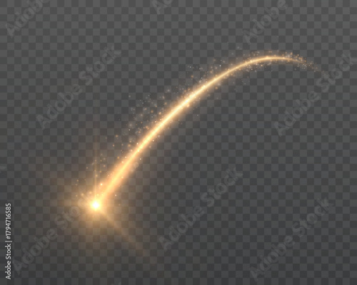 A golden, sparkling trail of light from a comet with a bright, glowing tail. Soft, shimmering particles form the curved trajectory of the glowing comet to create magical overlays.