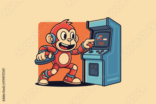Retro Monkey Playing Arcade Game with Joy and Excitement.
