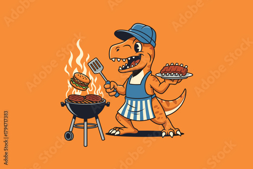 Cartoon T Rex Dinosaur Grilling Burgers and Holding Cake.