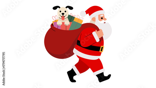Santa's Christmas Surprise: Santa Claus, a symbol of Christmas spirit, strolls with a sack full of gifts and a cute dog, embodying the joy and anticipation of the holiday season. 