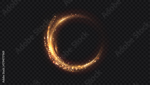 A glowing gold ring with sparkling particles of bright glitter. A glowing circular trail with a warm shimmer for overlays. A lighting effect for dark backgrounds.