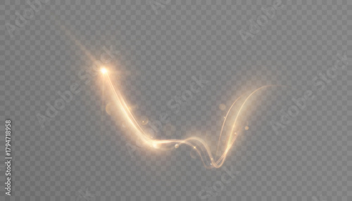 Golden magical comet light effect with lots of sparkling bokeh and twinkling light effects. Magical golden trail for web design and fairy tale decor. Vector
